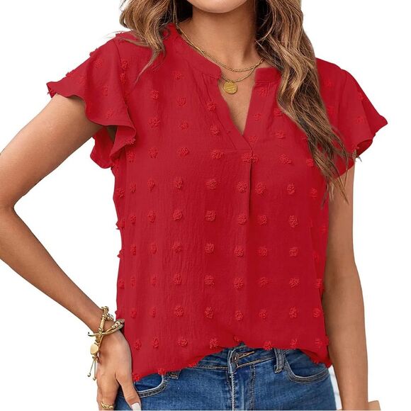 MEROKEETY Ruffle Short Sleeve Swiss Dot Flowy Blouse, size XXL - Picture 1 of 5